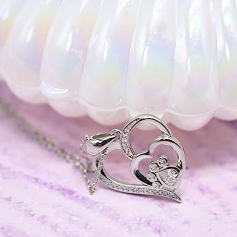 Cat Paw Heart Necklace with Synthetic Cubic Zirconia